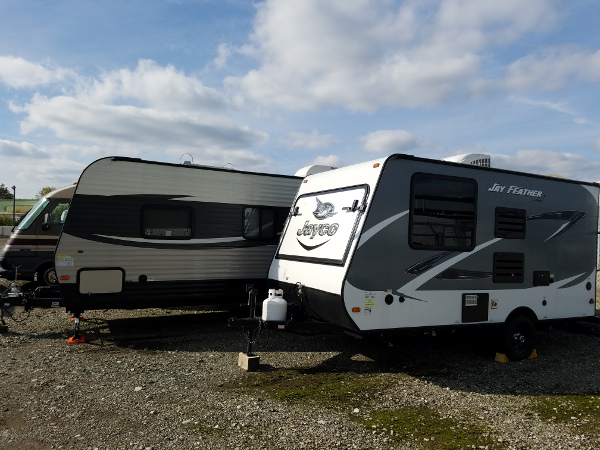 Camper in storage facility
